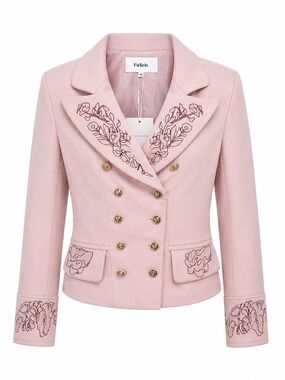 Futario Women's Double-Breasted Embroidered Pink Blazer Jacket